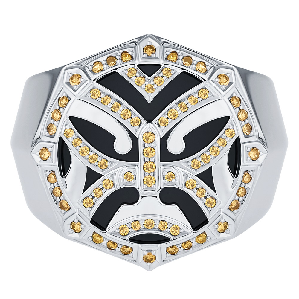 Кольцо «Маори» с ониксом и бриллиантами из белого палладия 500 пробы