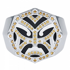 Кольцо «Маори» с ониксом и бриллиантами из белого палладия 500 пробы